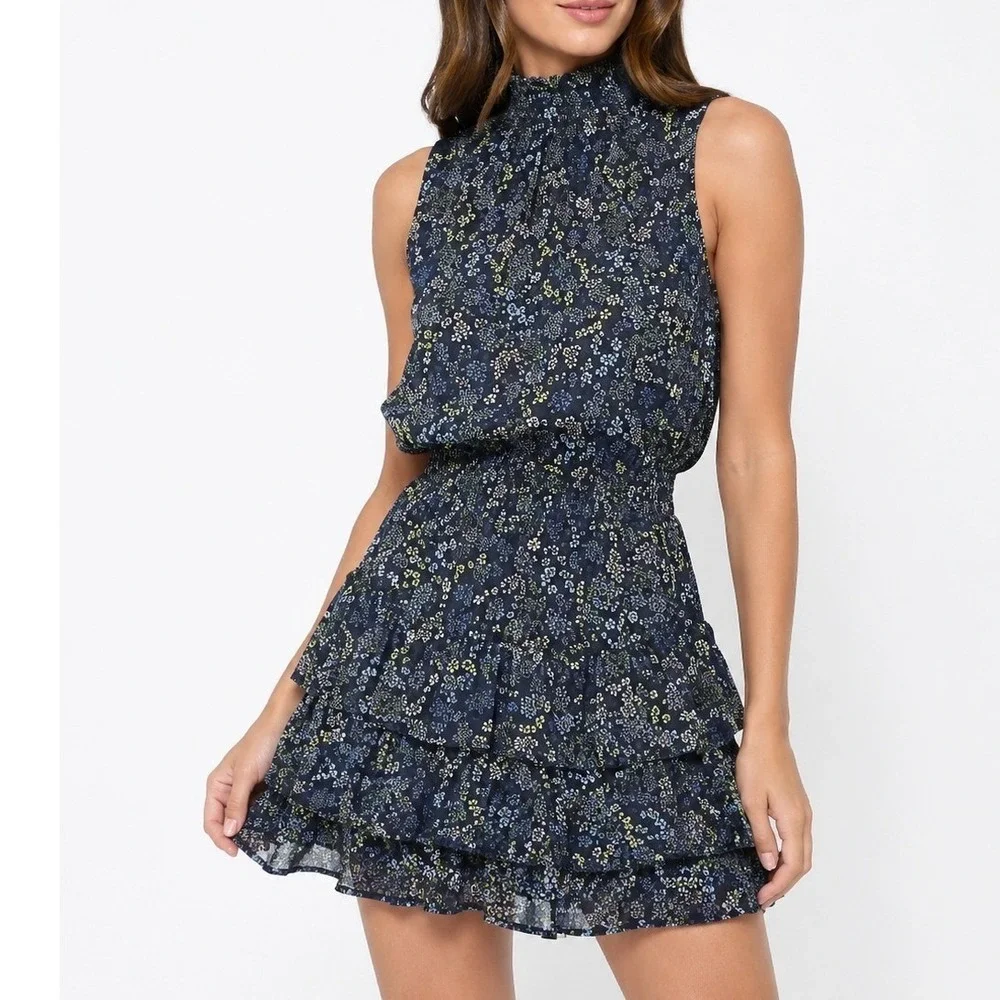 Women's Blue Floral Mini Dress Size Small Sleeveless Mock Neck Fit & Flare Party